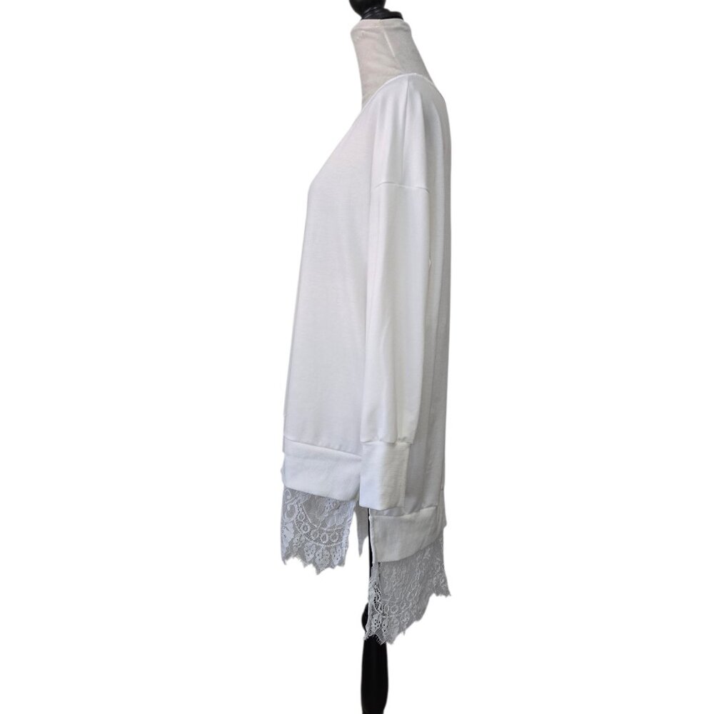 Women's White Long Sleeve Hi Lo Lace Trim Shirt Slits on Sides - Picture 4 of 11